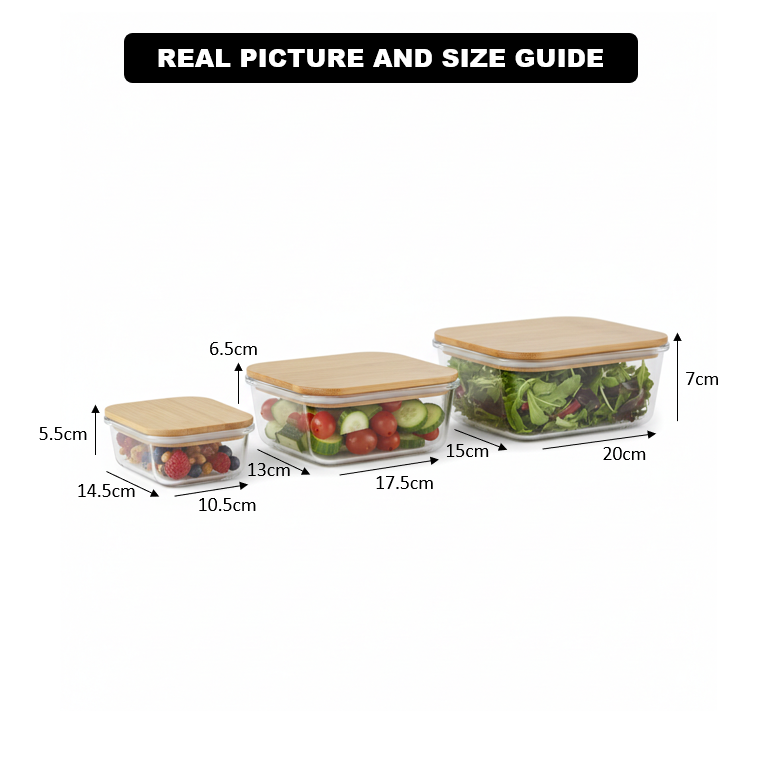 3Pcs Airtight Bamboo-Lid Glass Bowls Set (1146) – Rectangle