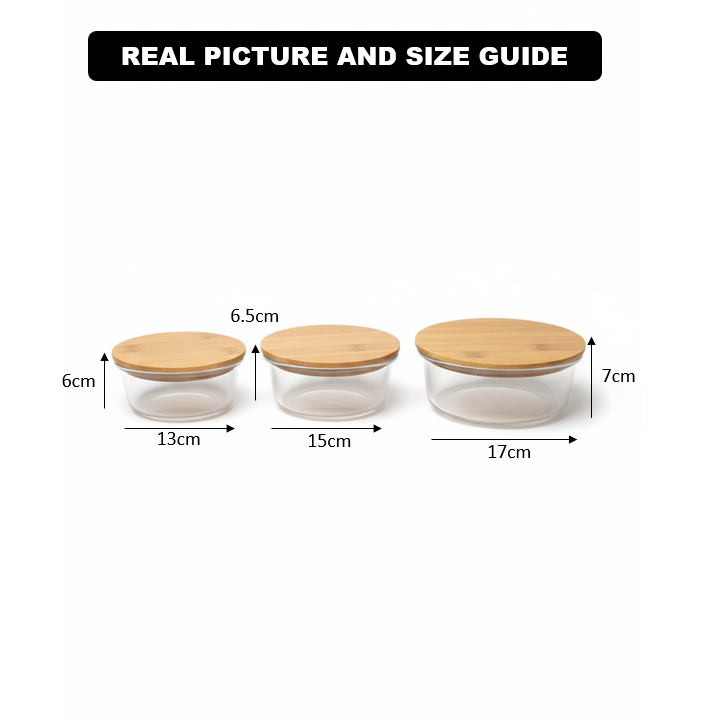 3Pcs Airtight Bamboo-Lid Glass Bowls Set (1145) – Round