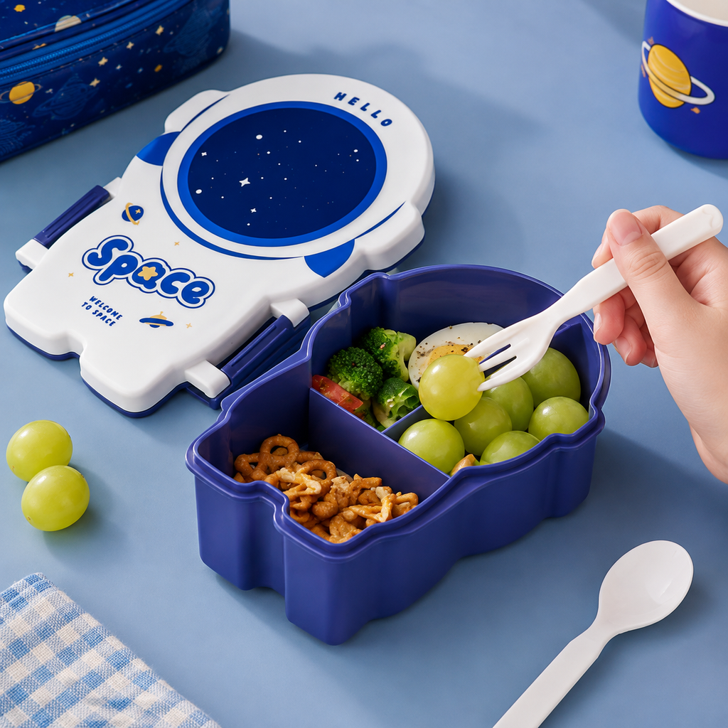 Space-Themed 3-Compartment Kids Lunch Box with Spoon