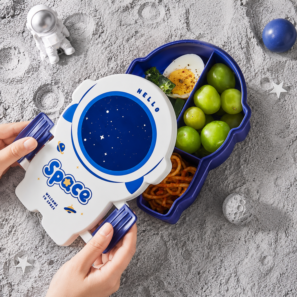 Space-Themed 3-Compartment Kids Lunch Box with Spoon