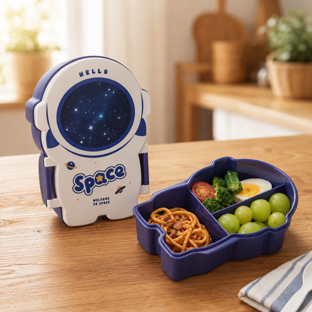 Space-Themed 3-Compartment Kids Lunch Box with Spoon