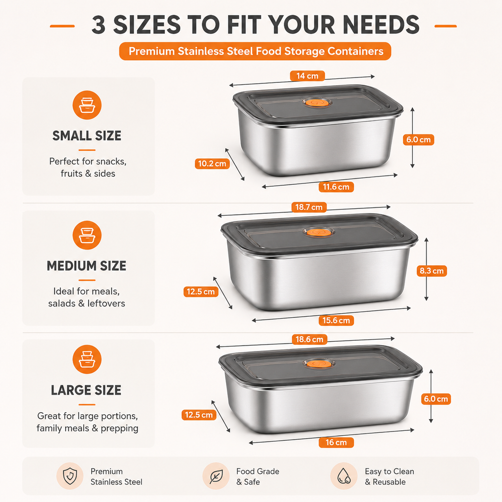 Stainless Steel Airtight Lunch & Storage Box Set | 600ml, 1200ml, 1500ml