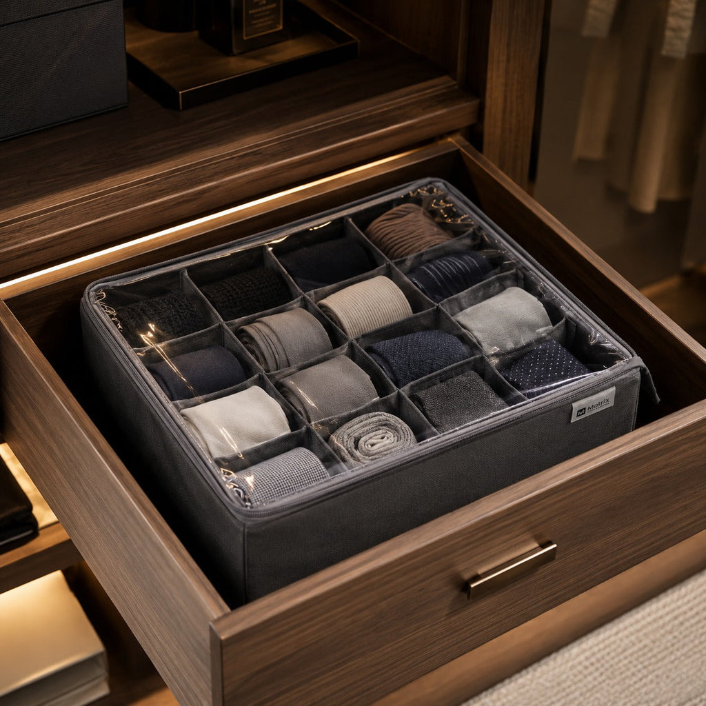 FlexFold 16-Grid Drawer & Wardrobe Organizer with Lid by Matrix
