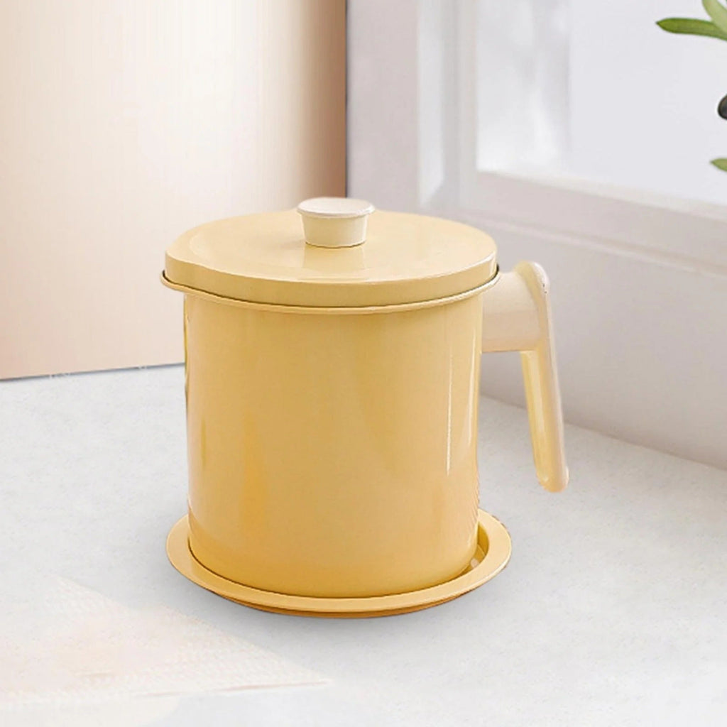 Deluxe Stainless Steel Oil Filter Pot with Fine Mesh Strainer and Handle.
