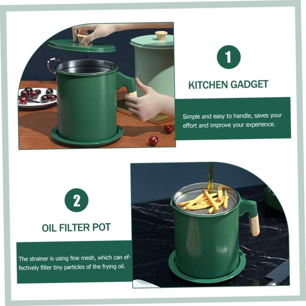 Deluxe Stainless Steel Oil Filter Pot with Fine Mesh Strainer and Handle.