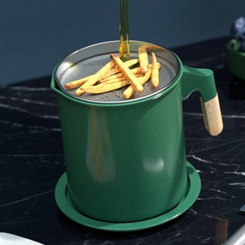 Deluxe Stainless Steel Oil Filter Pot with Fine Mesh Strainer and Handle.