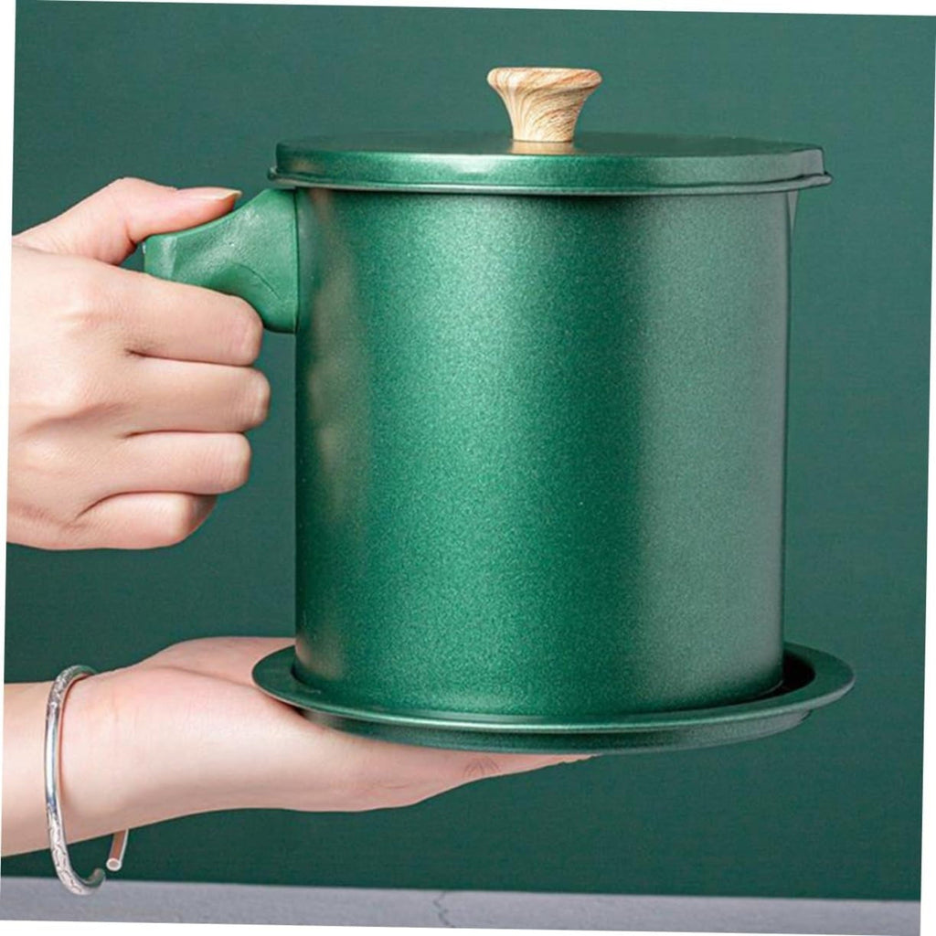 Deluxe Stainless Steel Oil Filter Pot with Fine Mesh Strainer and Handle.