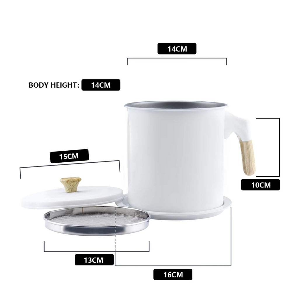 Deluxe Stainless Steel Oil Filter Pot with Fine Mesh Strainer and Handle.