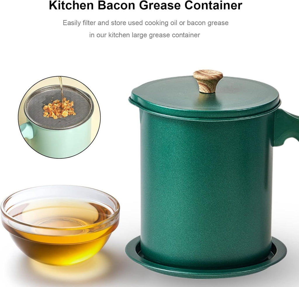 Deluxe Stainless Steel Oil Filter Pot with Fine Mesh Strainer and Handle.