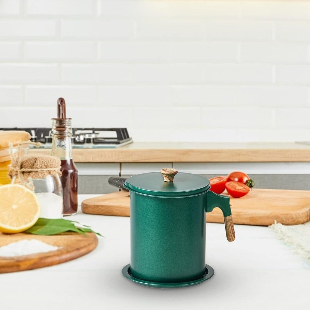 Deluxe Stainless Steel Oil Filter Pot with Fine Mesh Strainer and Handle.