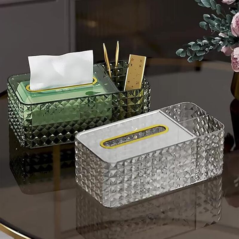 Diamond-Cut Spring-Rise Tissue Box with Dual Compartments