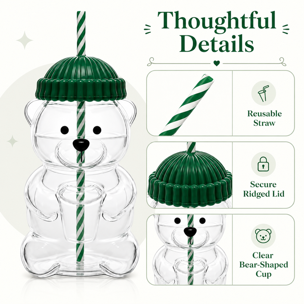 Cute Bear Shaped Glass Tumbler with Lid & Straw