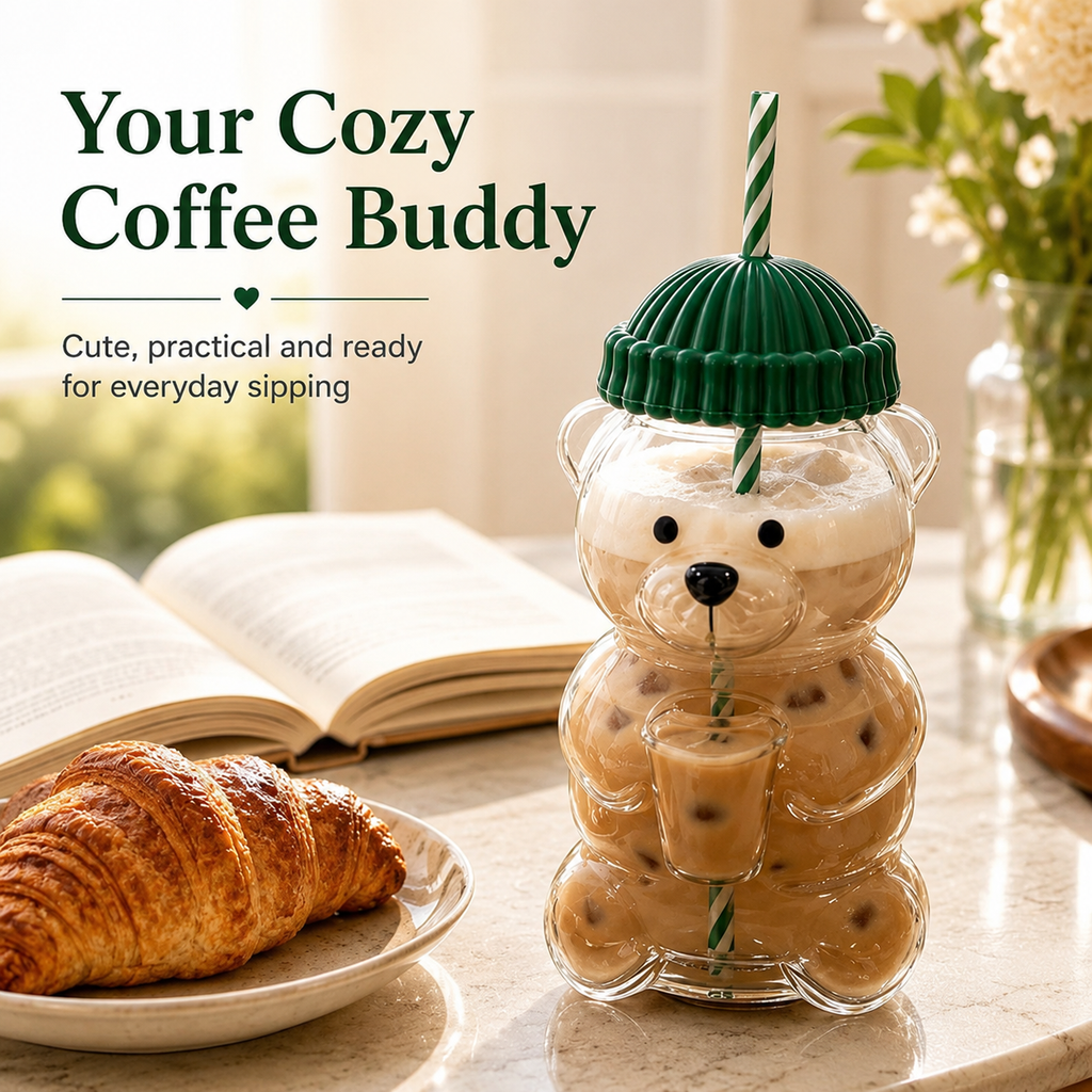 Cute Bear Shaped Glass Tumbler with Lid & Straw