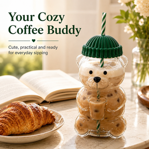 Cute Bear Shaped Glass Tumbler with Lid & Straw