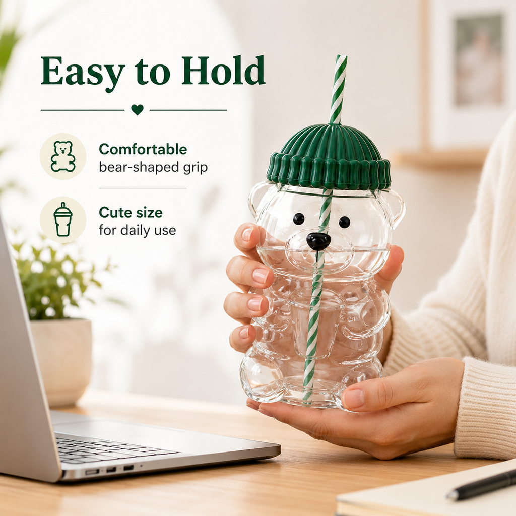 Cute Bear Shaped Glass Tumbler with Lid & Straw