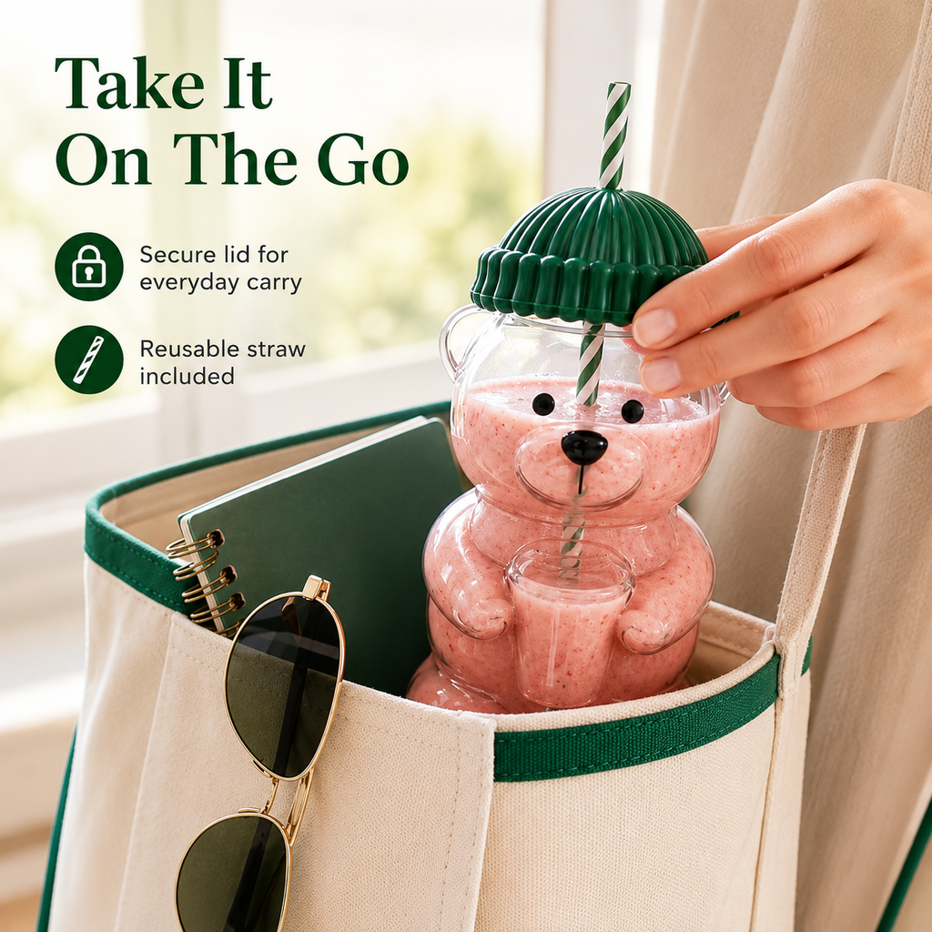 Cute Bear Shaped Glass Tumbler with Lid & Straw