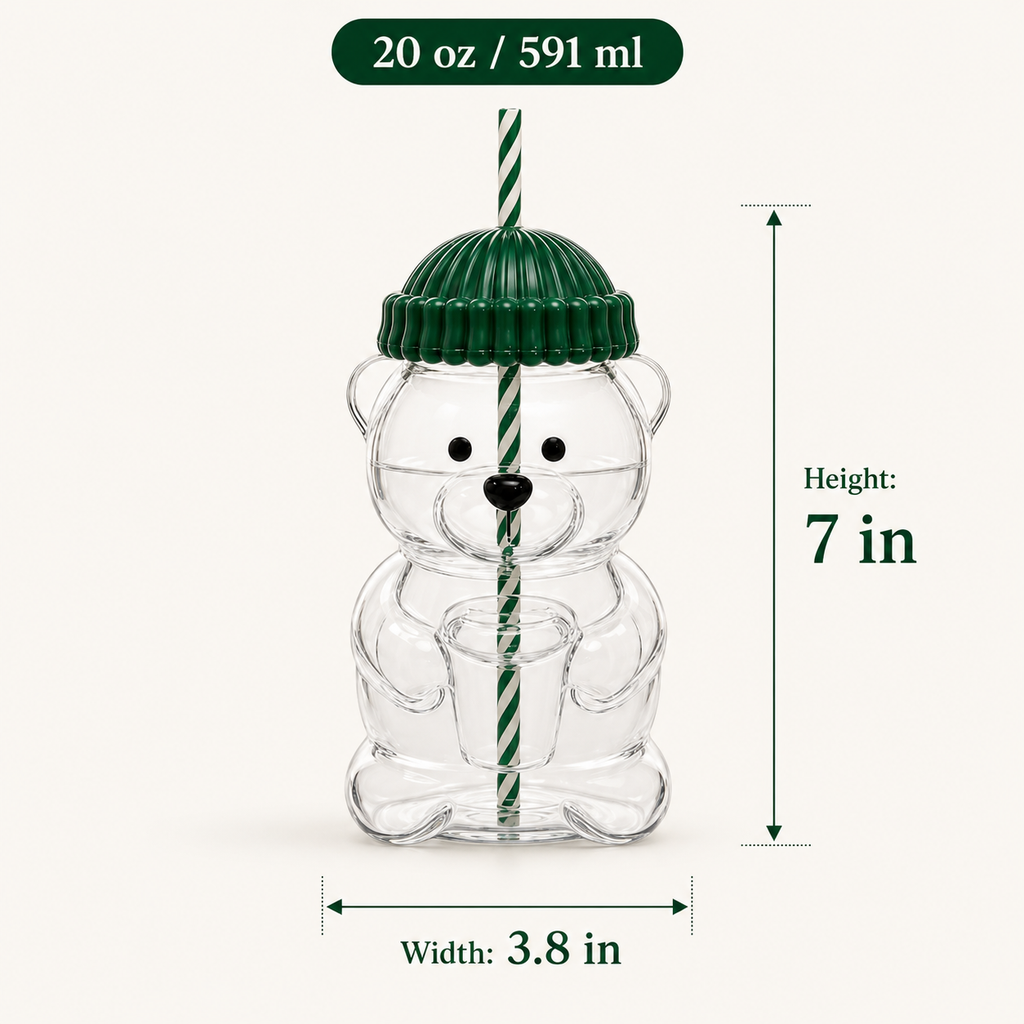 Cute Bear Shaped Glass Tumbler with Lid & Straw