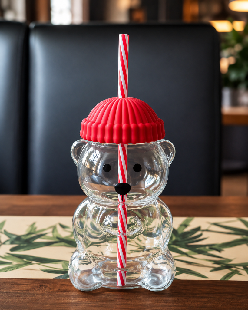 Cute Bear Shaped Glass Tumbler with Lid & Straw