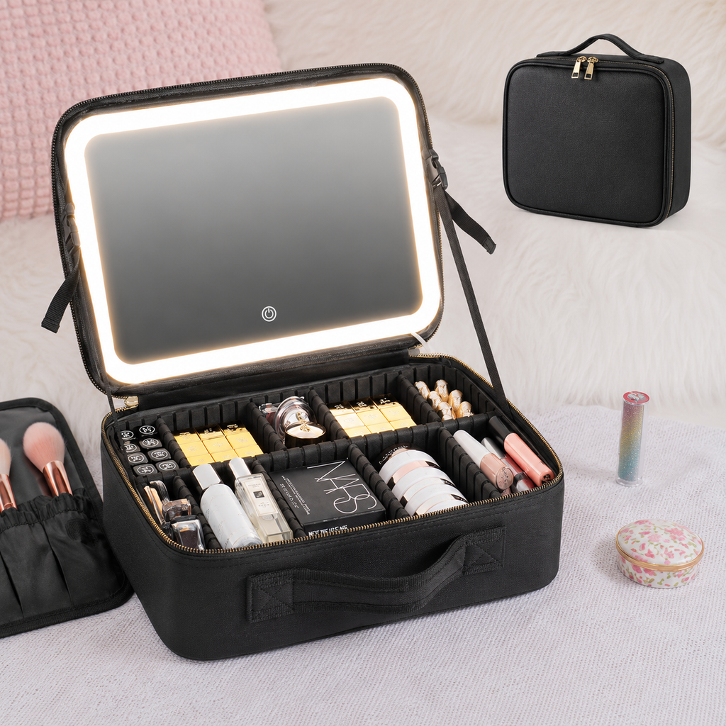 Portable Beauty Case Bag with Light-Up Mirror | Travel Makeup Organizer