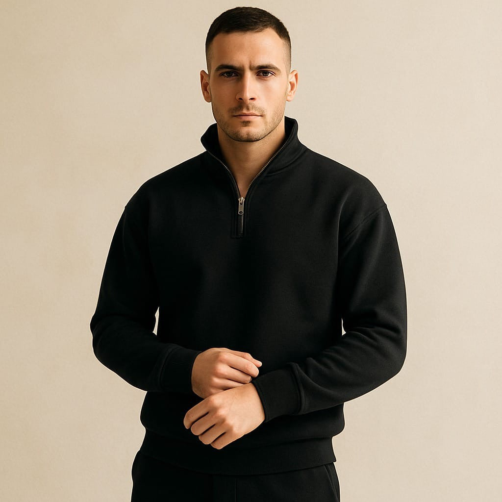 White Men Classic Quarter Zip-Up Fleece Sweatshirt For Men