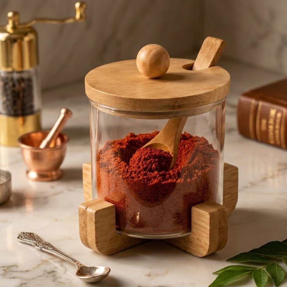 LuxeWood Glass Jar with Stand and Spoon