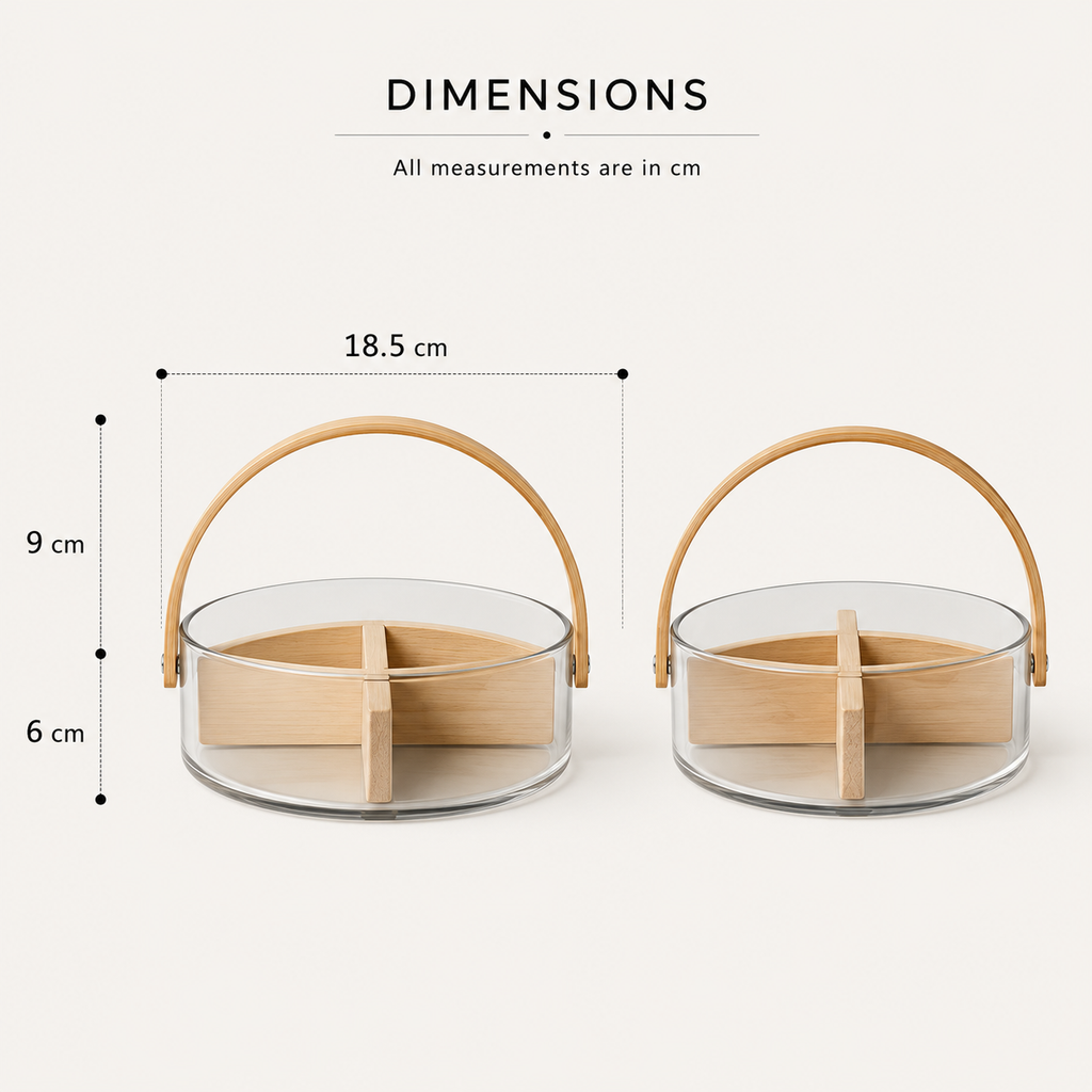 Glass Snack Basket with Wooden Handle & Removable Divider | 4 Compartment Serving Bowl
