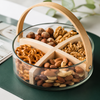Glass Snack Basket with Wooden Handle & Removable Divider | 4 Compartment Serving Bowl