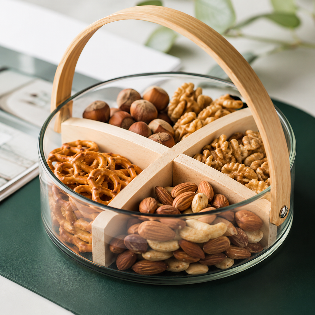 Glass Snack Basket with Wooden Handle & Removable Divider | 4 Compartment Serving Bowl