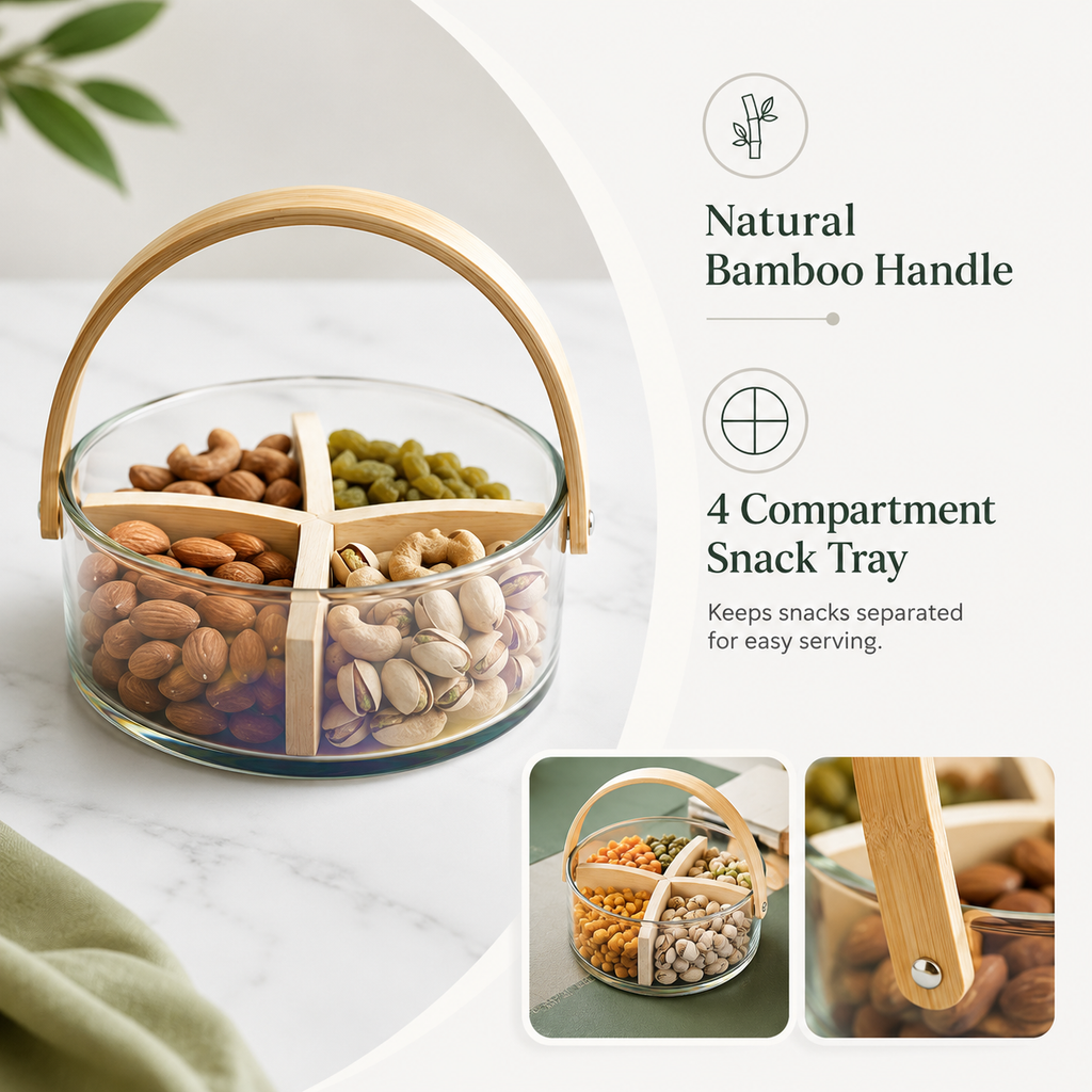 Glass Snack Basket with Wooden Handle & Removable Divider | 4 Compartment Serving Bowl