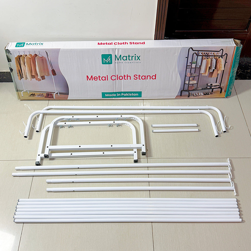 Dual Pole Metal Clothes Stand by Matrix (C) – With Side Hooks & Dual Shoe Tiers