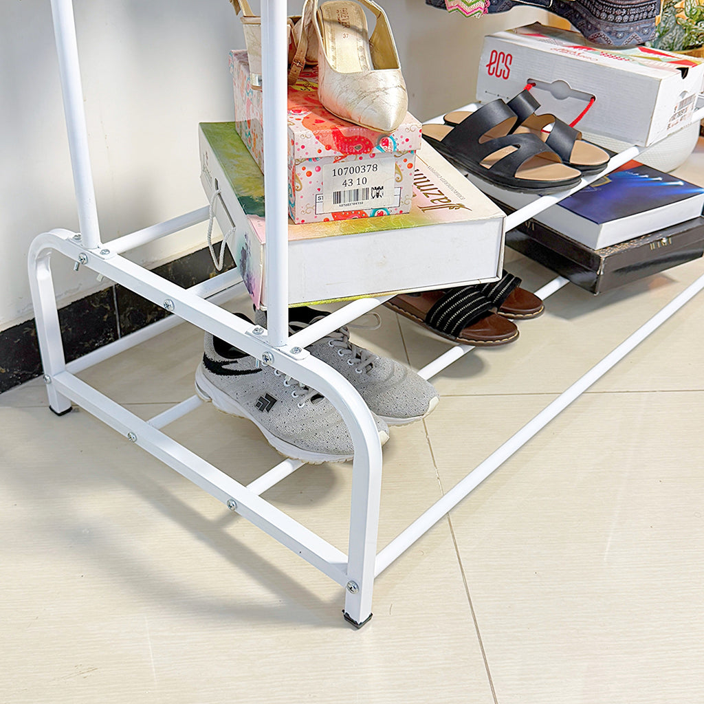 Dual Pole Metal Clothes Stand by Matrix (C) – With Side Hooks & Dual Shoe Tiers