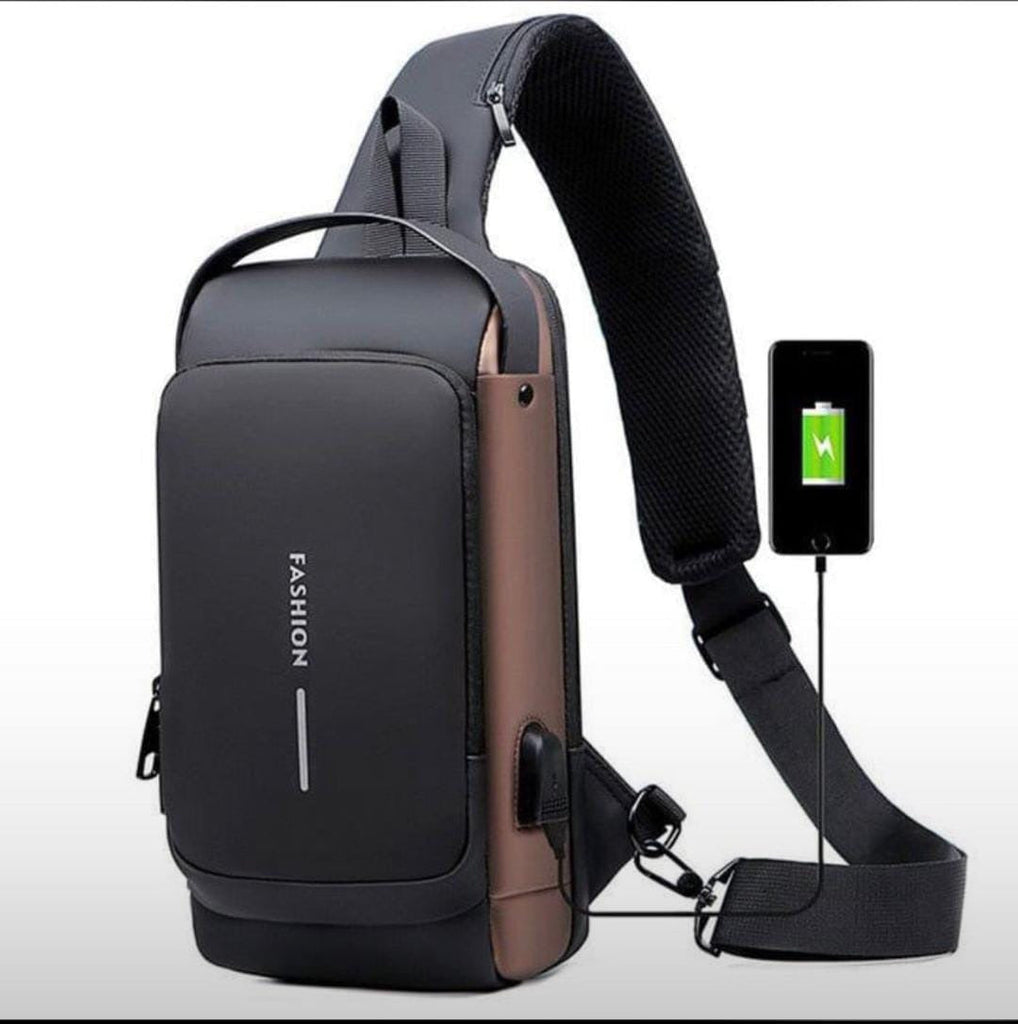 Fashion Men Sling Bag Pack with Lock Waterproof Anti-Theft Chest Bag with USB Charging Port