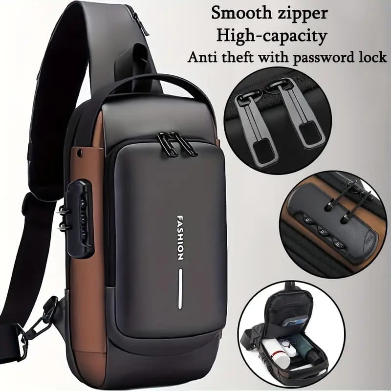 Fashion Men Sling Bag Pack with Lock Waterproof Anti-Theft Chest Bag with USB Charging Port