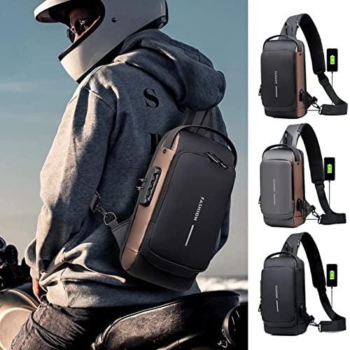 Fashion Men Sling Bag Pack with Lock Waterproof Anti-Theft Chest Bag with USB Charging Port