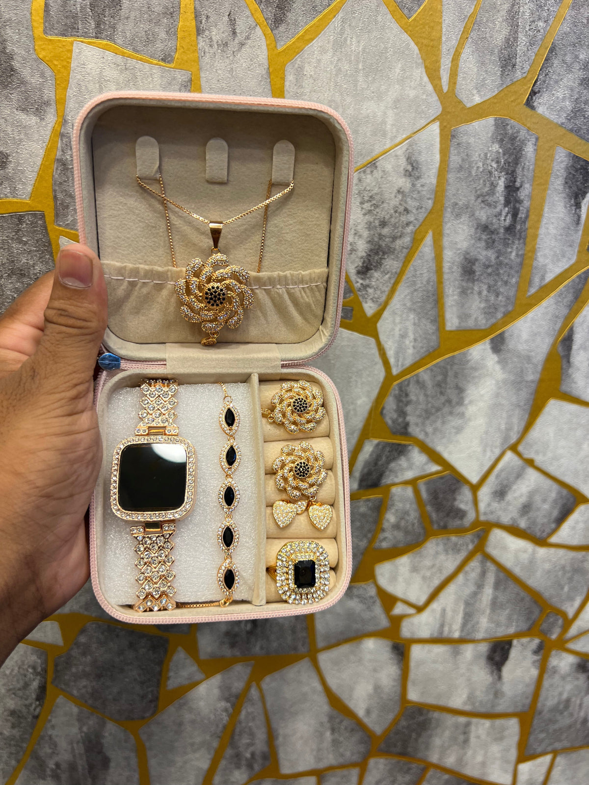 5 in one jewelry combo box  rings watch bracelet  and chain best set