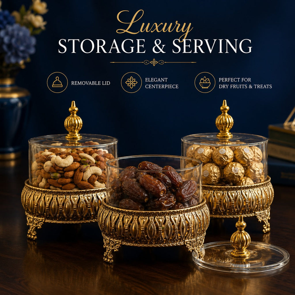 Exquisite 3-Piece Golden Base Glass Jars with Lid 1168