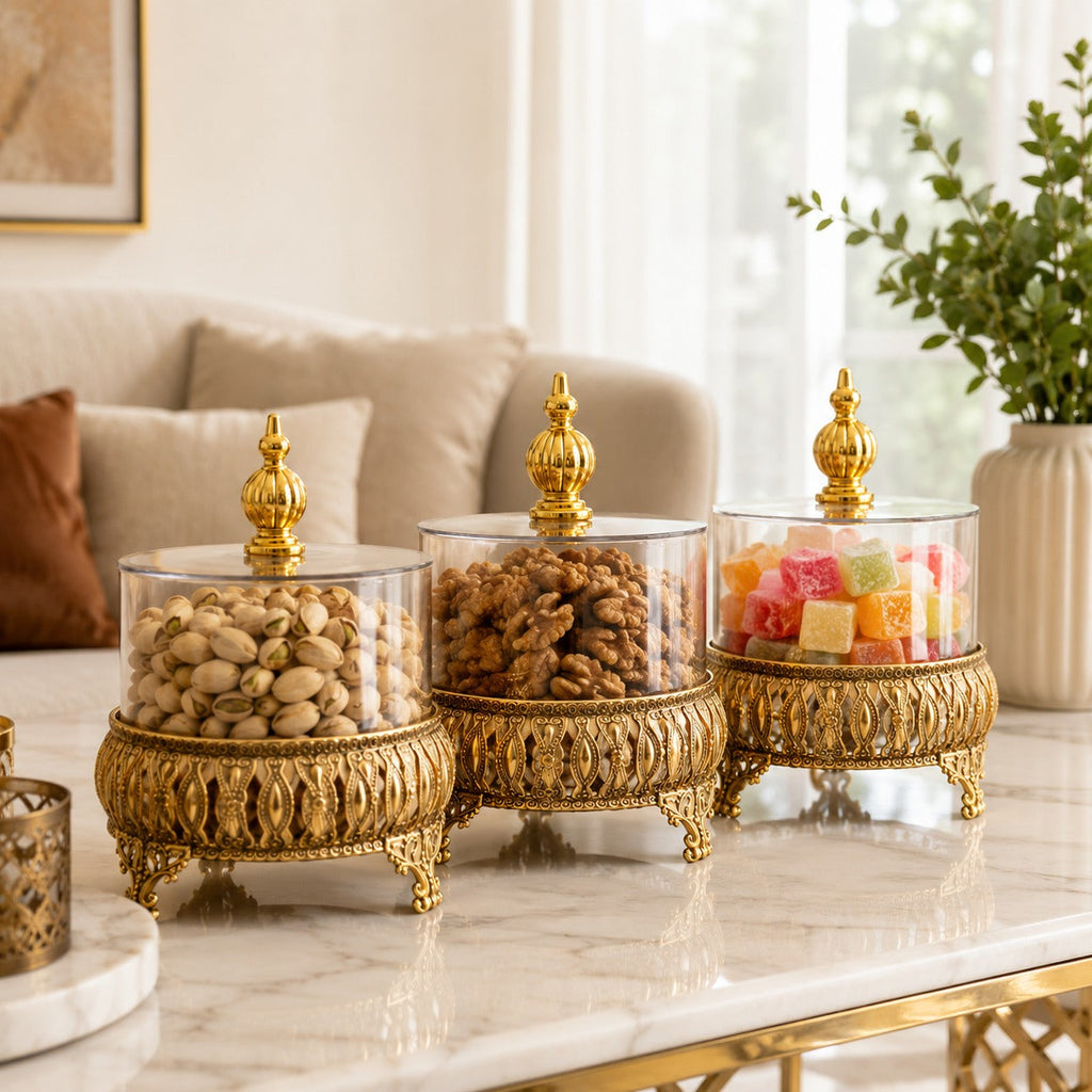 Exquisite 3-Piece Golden Base Glass Jars with Lid 1168