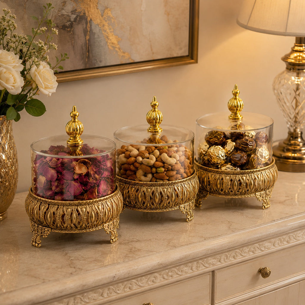 Exquisite 3-Piece Golden Base Glass Jars with Lid 1168