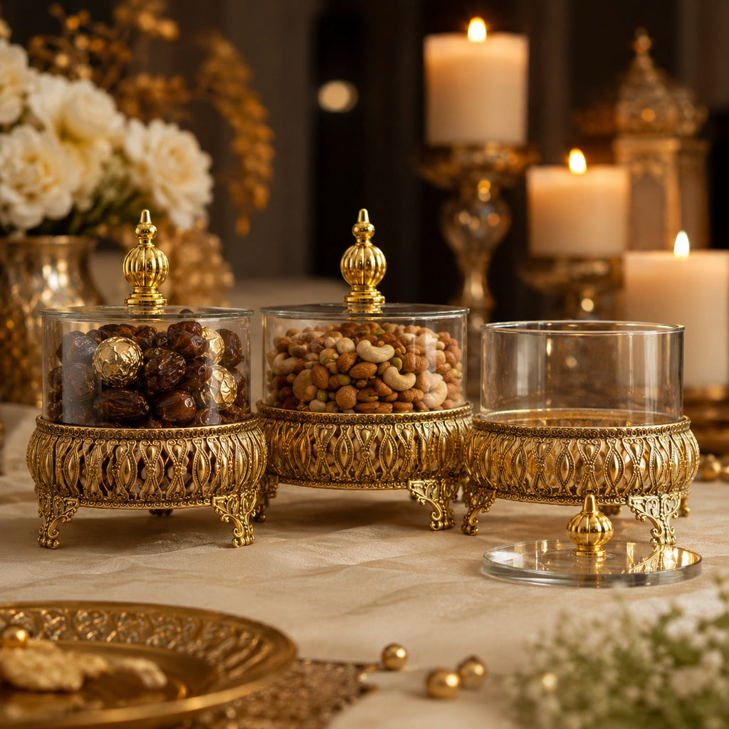 Exquisite 3-Piece Golden Base Glass Jars with Lid 1168