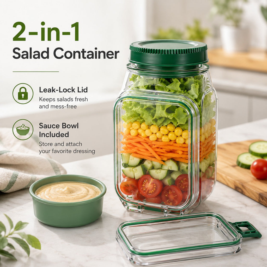 Dual-Opening Salad Jar with Built-In Sauce Cup